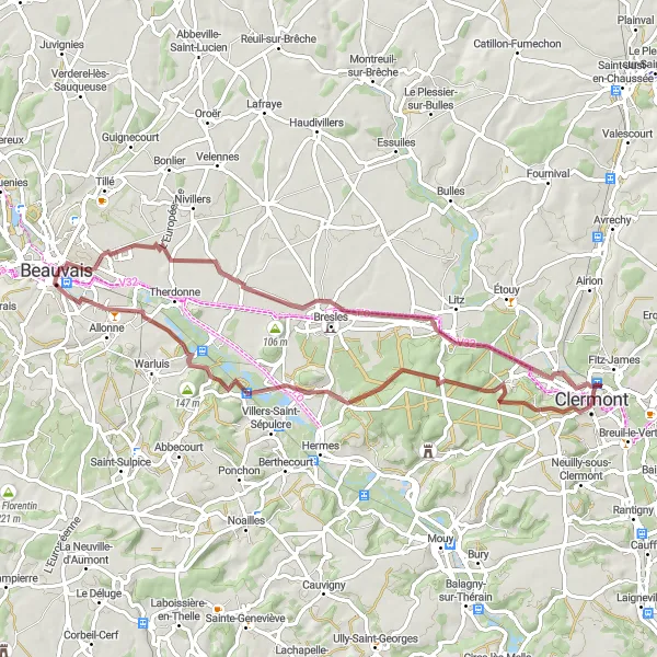 Miniature de la carte de l'inspiration cycliste "Circuit de Gravel autour de Beauvais" dans la Picardie, France. Générée par le planificateur d'itinéraire cycliste Tarmacs.app