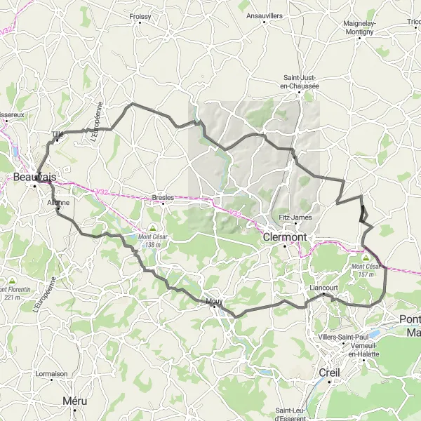 Map miniature of "The Beauvais Ascender" cycling inspiration in Picardie, France. Generated by Tarmacs.app cycling route planner