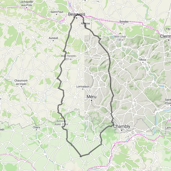Miniature de la carte de l'inspiration cycliste "Les collines de l'Oise" dans la Picardie, France. Générée par le planificateur d'itinéraire cycliste Tarmacs.app
