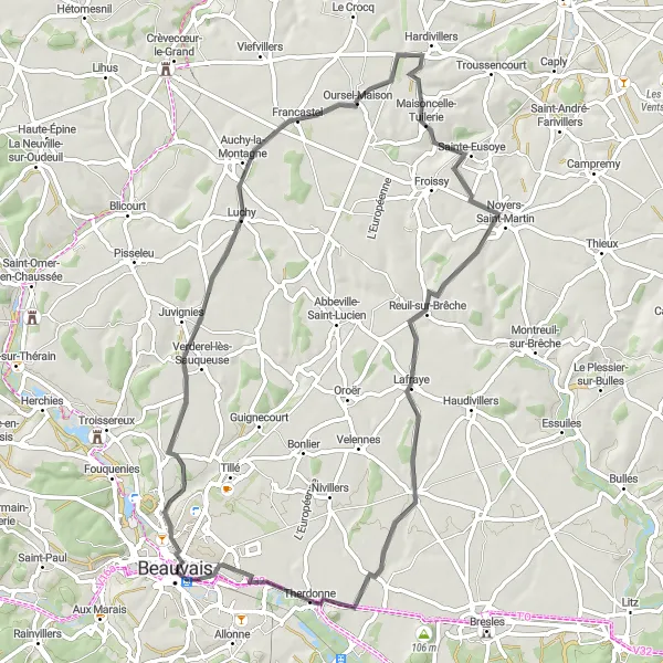 Miniature de la carte de l'inspiration cycliste "Exploration des villages pittoresques de l'Oise" dans la Picardie, France. Générée par le planificateur d'itinéraire cycliste Tarmacs.app