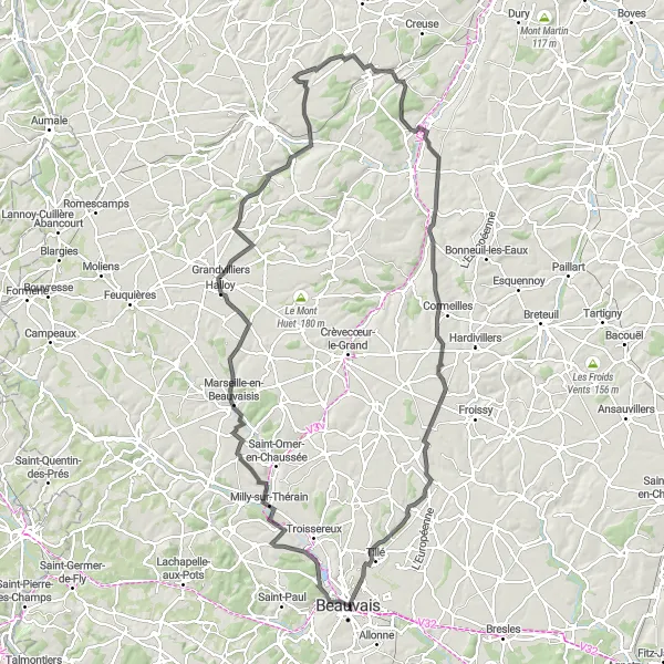 Miniature de la carte de l'inspiration cycliste "Le tour des villages pittoresques autour de Beauvais" dans la Picardie, France. Générée par le planificateur d'itinéraire cycliste Tarmacs.app