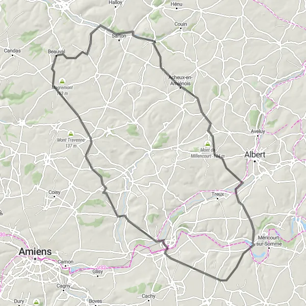 Map miniature of "Road Cycling Adventure in Beauval" cycling inspiration in Picardie, France. Generated by Tarmacs.app cycling route planner