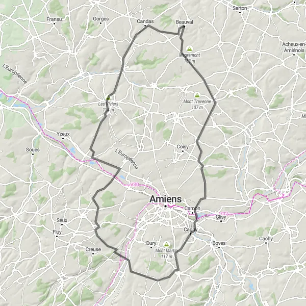 Miniature de la carte de l'inspiration cycliste "La Route des Sommets" dans la Picardie, France. Générée par le planificateur d'itinéraire cycliste Tarmacs.app
