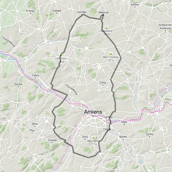 Map miniature of "Pierregot and Ailly-sur-Somme Circuit" cycling inspiration in Picardie, France. Generated by Tarmacs.app cycling route planner