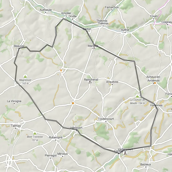 Miniature de la carte de l'inspiration cycliste "Le Tour des Châteaux" dans la Picardie, France. Générée par le planificateur d'itinéraire cycliste Tarmacs.app