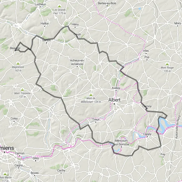 Miniature de la carte de l'inspiration cycliste "Tour de Beaumont-Hamel" dans la Picardie, France. Générée par le planificateur d'itinéraire cycliste Tarmacs.app
