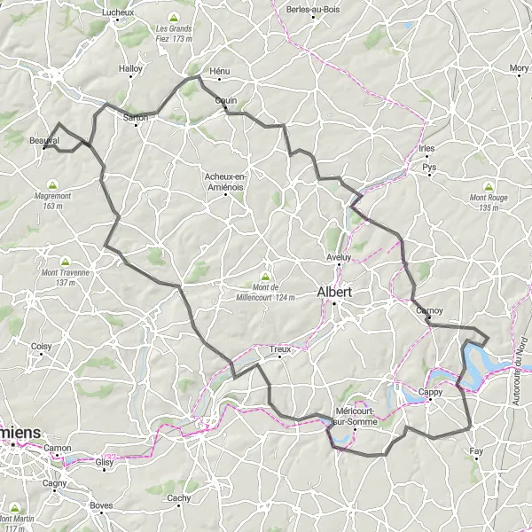 Map miniature of "Road Cycling Challenge in Beauval" cycling inspiration in Picardie, France. Generated by Tarmacs.app cycling route planner