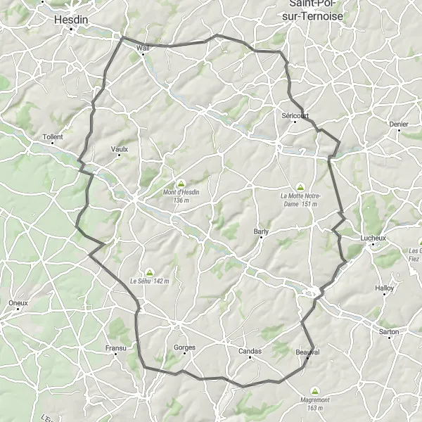 Miniature de la carte de l'inspiration cycliste "Circuit autour de Beauval" dans la Picardie, France. Générée par le planificateur d'itinéraire cycliste Tarmacs.app