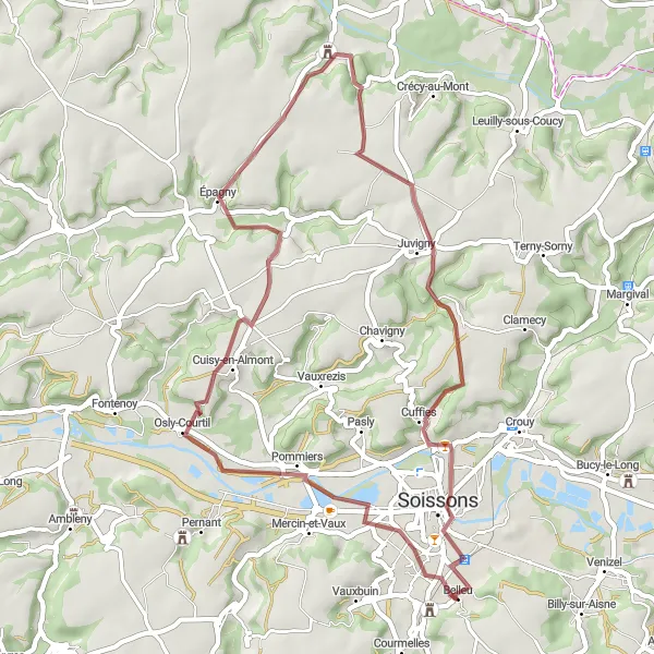 Miniature de la carte de l'inspiration cycliste "Les Chemins de l'Oise" dans la Picardie, France. Générée par le planificateur d'itinéraire cycliste Tarmacs.app