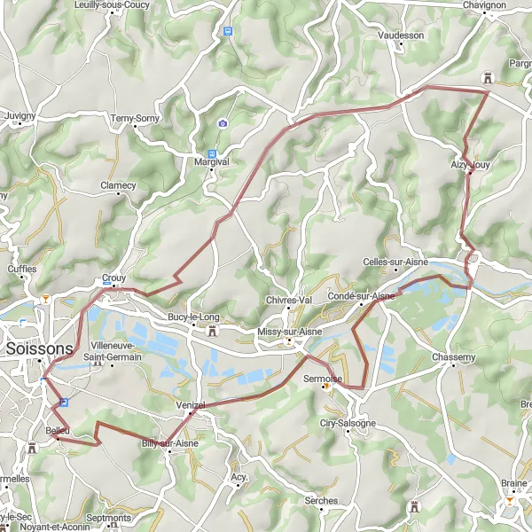 Miniature de la carte de l'inspiration cycliste "Boucle autour de Belleu" dans la Picardie, France. Générée par le planificateur d'itinéraire cycliste Tarmacs.app