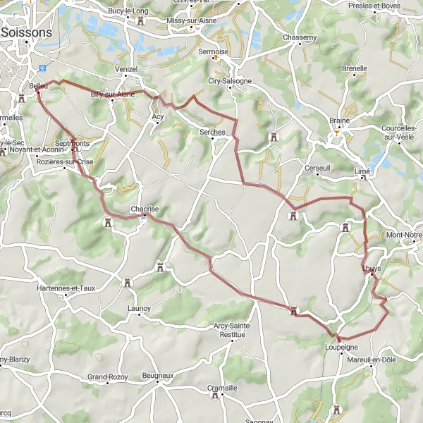 Map miniature of "Billy-sur-Aisne and Chacrise Adventure" cycling inspiration in Picardie, France. Generated by Tarmacs.app cycling route planner