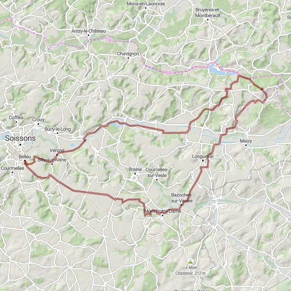 Miniature de la carte de l'inspiration cycliste "Les chemins de campagne" dans la Picardie, France. Générée par le planificateur d'itinéraire cycliste Tarmacs.app