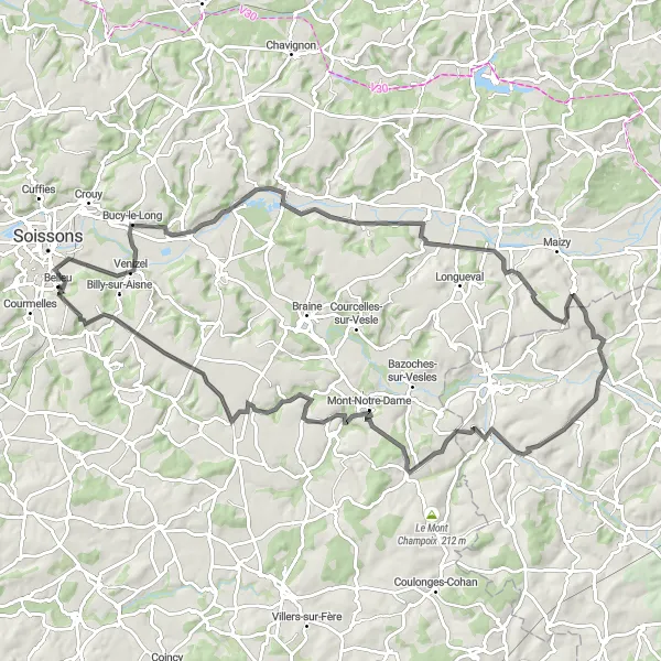 Map miniature of "Condé-sur-Aisne and Presles-et-Boves Circuit" cycling inspiration in Picardie, France. Generated by Tarmacs.app cycling route planner