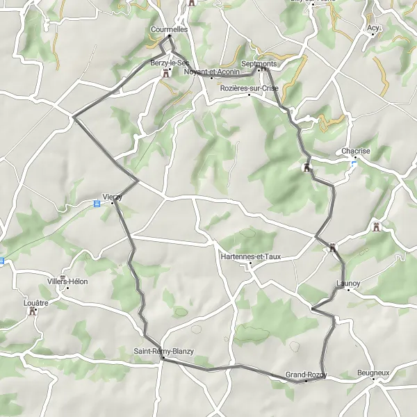 Miniature de la carte de l'inspiration cycliste "Parcours pittoresque" dans la Picardie, France. Générée par le planificateur d'itinéraire cycliste Tarmacs.app