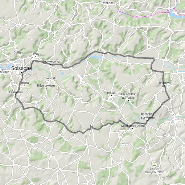 Map miniature of "Aisne River Valley Loop" cycling inspiration in Picardie, France. Generated by Tarmacs.app cycling route planner