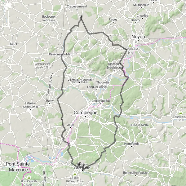 Miniature de la carte de l'inspiration cycliste "Tour Route du Mont Bocquet" dans la Picardie, France. Générée par le planificateur d'itinéraire cycliste Tarmacs.app
