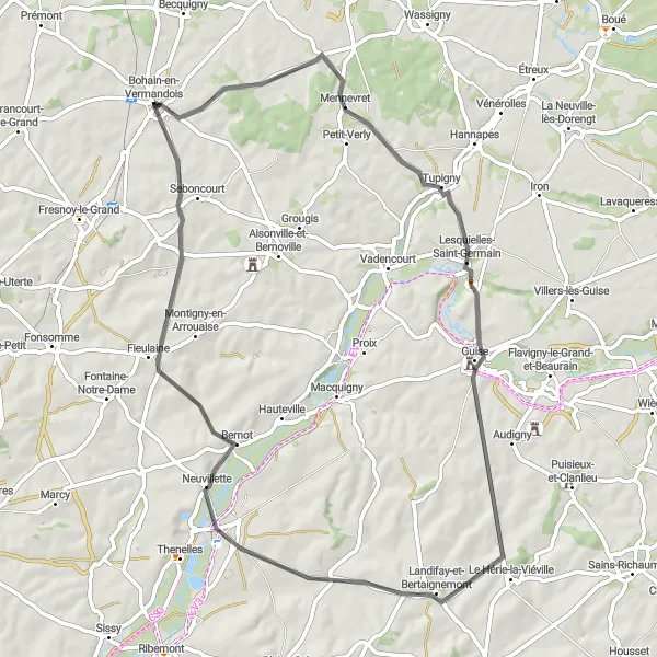 Miniature de la carte de l'inspiration cycliste "Boucle champêtre de l'Aisne" dans la Picardie, France. Générée par le planificateur d'itinéraire cycliste Tarmacs.app