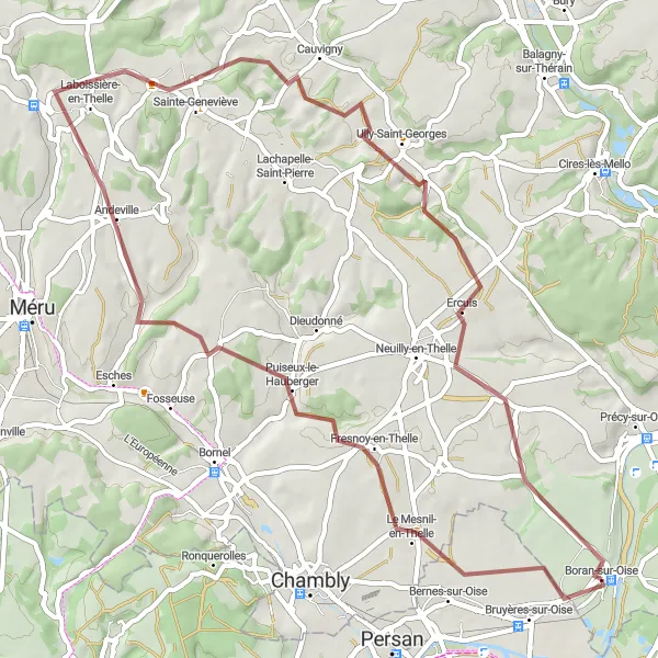 Map miniature of "Scenic Gravel Route from Le Mesnil-en-Thelle to Boran-sur-Oise" cycling inspiration in Picardie, France. Generated by Tarmacs.app cycling route planner