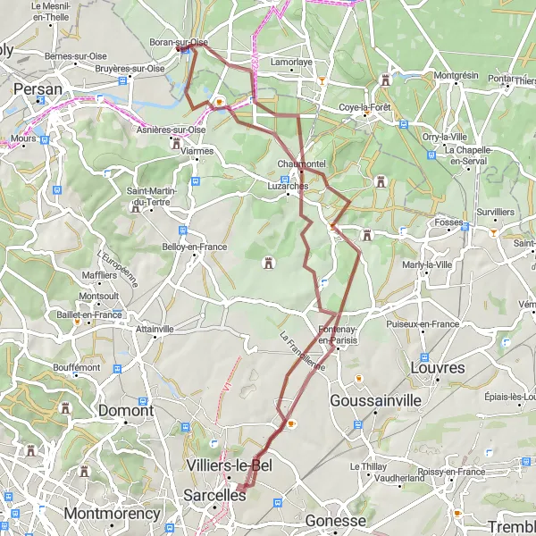 Map miniature of "Gravel Route to Boran-sur-Oise from Chaumontel" cycling inspiration in Picardie, France. Generated by Tarmacs.app cycling route planner