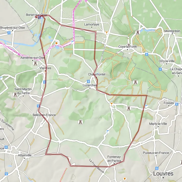 Miniature de la carte de l'inspiration cycliste "Balade tranquille à travers les collines de Picardie" dans la Picardie, France. Générée par le planificateur d'itinéraire cycliste Tarmacs.app