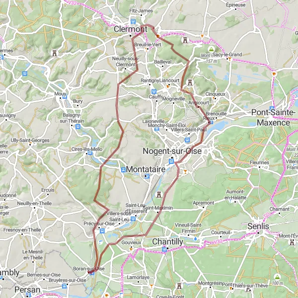 Map miniature of "Gravel Adventure through Clermont to Boran-sur-Oise" cycling inspiration in Picardie, France. Generated by Tarmacs.app cycling route planner
