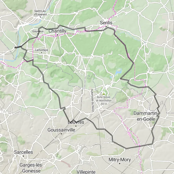 Miniature de la carte de l'inspiration cycliste "La grande boucle à travers les forêts de Picardie" dans la Picardie, France. Générée par le planificateur d'itinéraire cycliste Tarmacs.app
