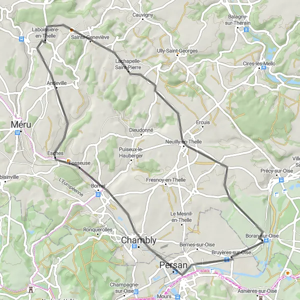 Miniature de la carte de l'inspiration cycliste "Escapade bucolique à travers les villages de Picardie" dans la Picardie, France. Générée par le planificateur d'itinéraire cycliste Tarmacs.app