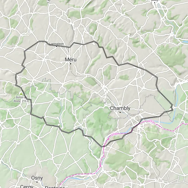 Miniature de la carte de l'inspiration cycliste "La Boucle de Boran-sur-Oise" dans la Picardie, France. Générée par le planificateur d'itinéraire cycliste Tarmacs.app