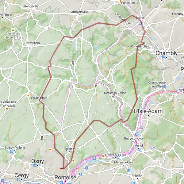 Miniature de la carte de l'inspiration cycliste "Randonnée au cœur du Vexin français" dans la Picardie, France. Générée par le planificateur d'itinéraire cycliste Tarmacs.app