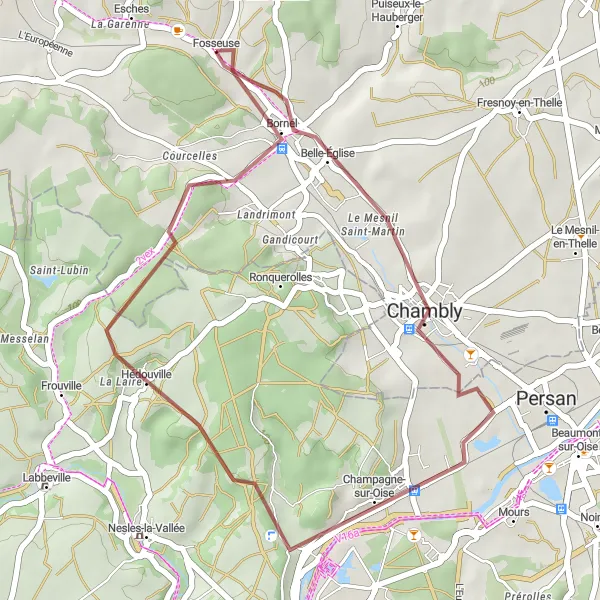 Map miniature of "Gravel Exploration of Belle-Église and Fosseuse" cycling inspiration in Picardie, France. Generated by Tarmacs.app cycling route planner