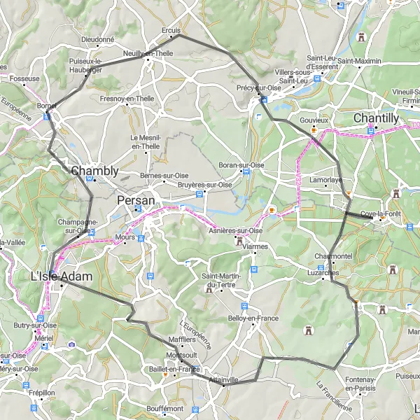 Map miniature of "Road Excursion through Précy-sur-Oise and L'Isle-Adam" cycling inspiration in Picardie, France. Generated by Tarmacs.app cycling route planner