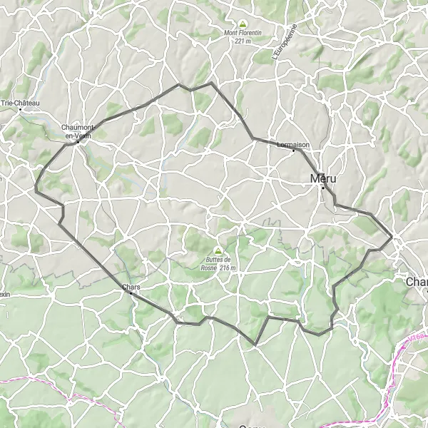 Miniature de la carte de l'inspiration cycliste "Parcours entre Méru et Bornel" dans la Picardie, France. Générée par le planificateur d'itinéraire cycliste Tarmacs.app