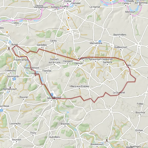 Miniature de la carte de l'inspiration cycliste "La randonnée authentique de Caix à Boves" dans la Picardie, France. Générée par le planificateur d'itinéraire cycliste Tarmacs.app