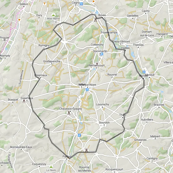 Miniature de la carte de l'inspiration cycliste "La route bucolique de Boves à Château de Boves" dans la Picardie, France. Générée par le planificateur d'itinéraire cycliste Tarmacs.app