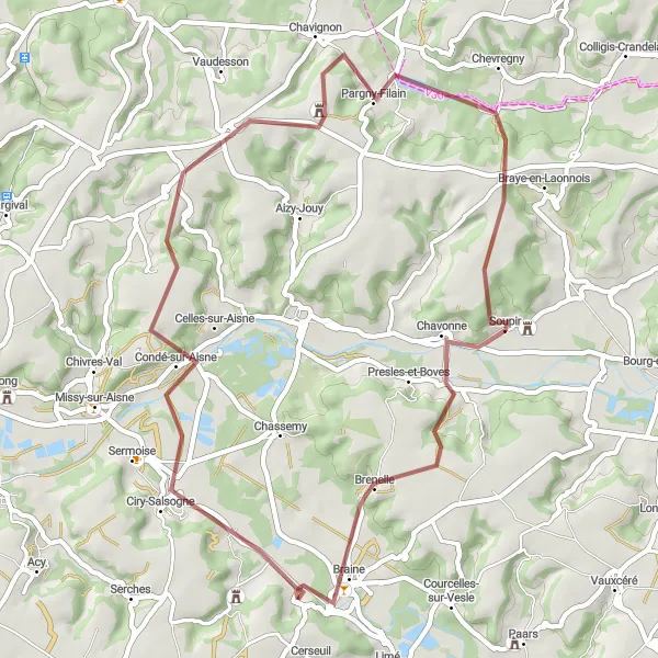 Map miniature of "Gravel Route: Vasseny Adventure" cycling inspiration in Picardie, France. Generated by Tarmacs.app cycling route planner