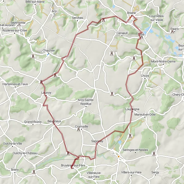 Map miniature of "Gravel Route: Tannières Loop" cycling inspiration in Picardie, France. Generated by Tarmacs.app cycling route planner