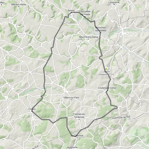 Miniature de la carte de l'inspiration cycliste "Parcours panoramique autour de Laon" dans la Picardie, France. Générée par le planificateur d'itinéraire cycliste Tarmacs.app