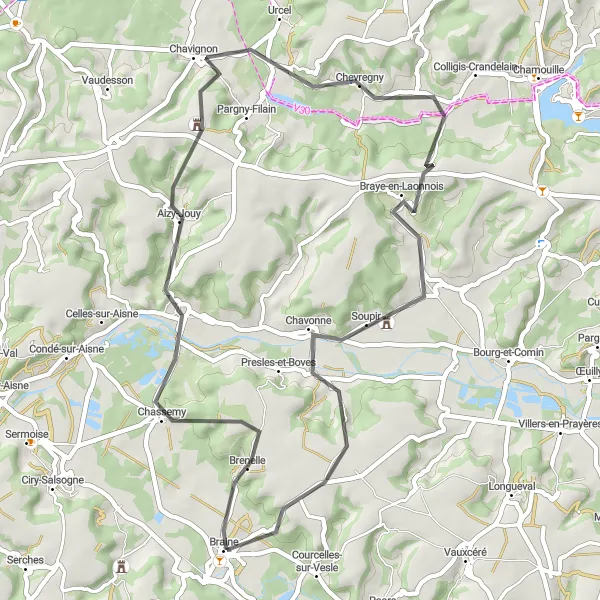 Map miniature of "Road Route: Laonnois Loop" cycling inspiration in Picardie, France. Generated by Tarmacs.app cycling route planner