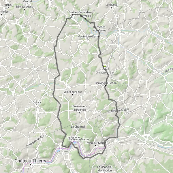 Miniature de la carte de l'inspiration cycliste "Circuit rural au départ de Bazoches-sur-Vesles" dans la Picardie, France. Générée par le planificateur d'itinéraire cycliste Tarmacs.app