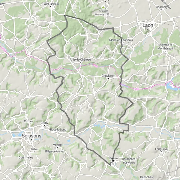 Miniature de la carte de l'inspiration cycliste "Parcours de cyclisme sur route de Vasseny à Braine" dans la Picardie, France. Générée par le planificateur d'itinéraire cycliste Tarmacs.app