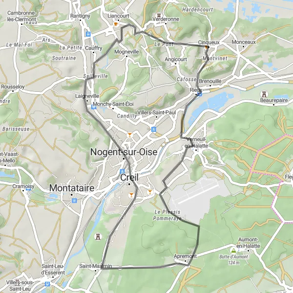 Map miniature of "Short and Sweet Road Ride" cycling inspiration in Picardie, France. Generated by Tarmacs.app cycling route planner