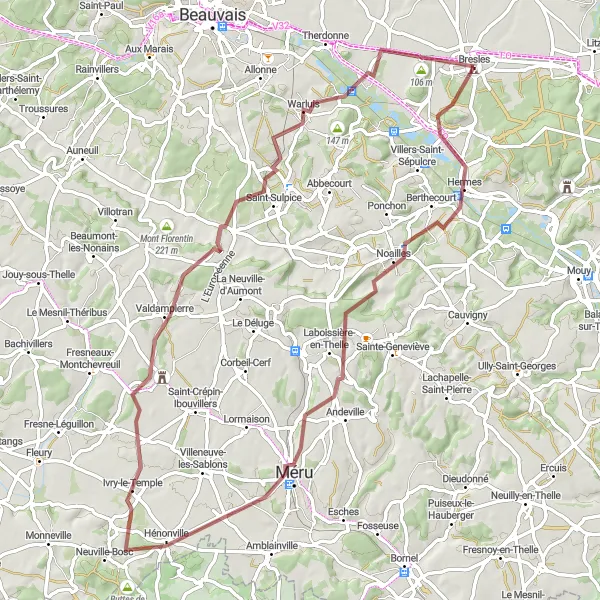 Map miniature of "Mont César and Villages of Thérain" cycling inspiration in Picardie, France. Generated by Tarmacs.app cycling route planner