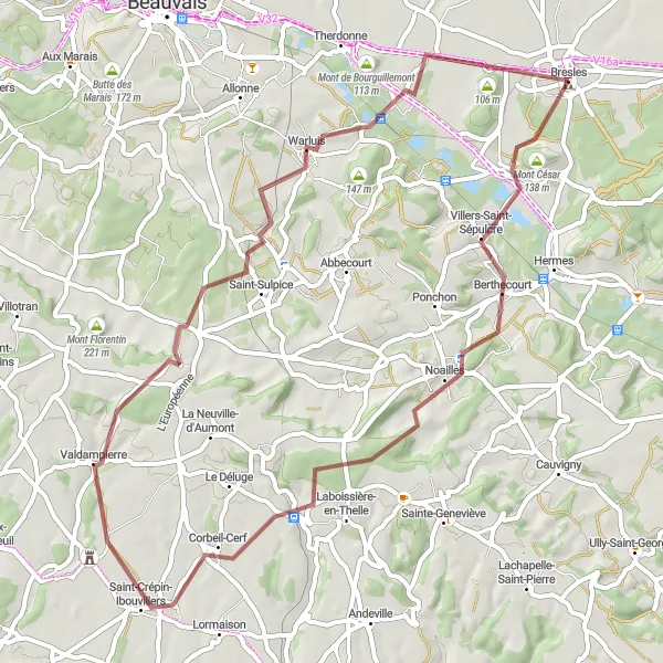 Miniature de la carte de l'inspiration cycliste "La Boucle de Mont César" dans la Picardie, France. Générée par le planificateur d'itinéraire cycliste Tarmacs.app