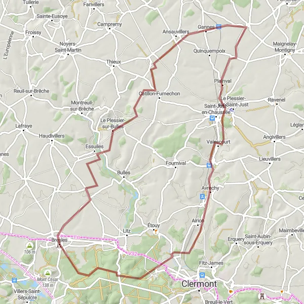 Miniature de la carte de l'inspiration cycliste "Aventure Gravel dans l'Oise" dans la Picardie, France. Générée par le planificateur d'itinéraire cycliste Tarmacs.app
