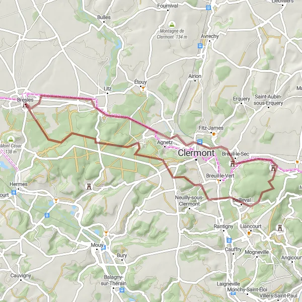 Miniature de la carte de l'inspiration cycliste "Aventure Gravel autour de Bresles" dans la Picardie, France. Générée par le planificateur d'itinéraire cycliste Tarmacs.app