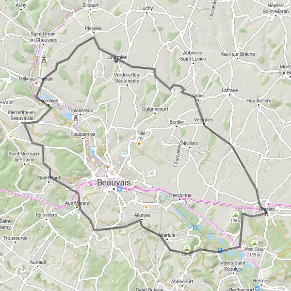 Miniature de la carte de l'inspiration cycliste "Boucle Campagnarde près de Bresles" dans la Picardie, France. Générée par le planificateur d'itinéraire cycliste Tarmacs.app
