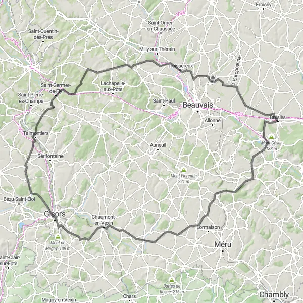 Map miniature of "Gisors Adventure" cycling inspiration in Picardie, France. Generated by Tarmacs.app cycling route planner