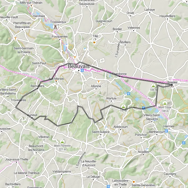 Miniature de la carte de l'inspiration cycliste "Itinéraire Champêtre autour de Bresles" dans la Picardie, France. Générée par le planificateur d'itinéraire cycliste Tarmacs.app