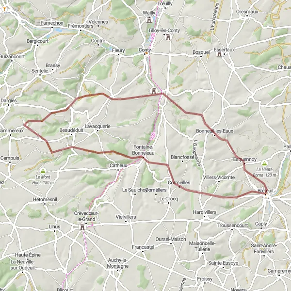 Map miniature of "Gravel Adventure to Esquennoy" cycling inspiration in Picardie, France. Generated by Tarmacs.app cycling route planner