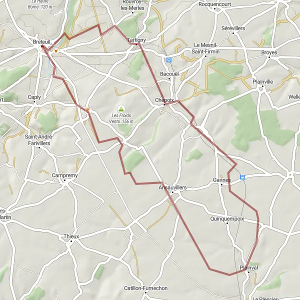 Map miniature of "Breteuil to Bonvillers Gravel Route" cycling inspiration in Picardie, France. Generated by Tarmacs.app cycling route planner